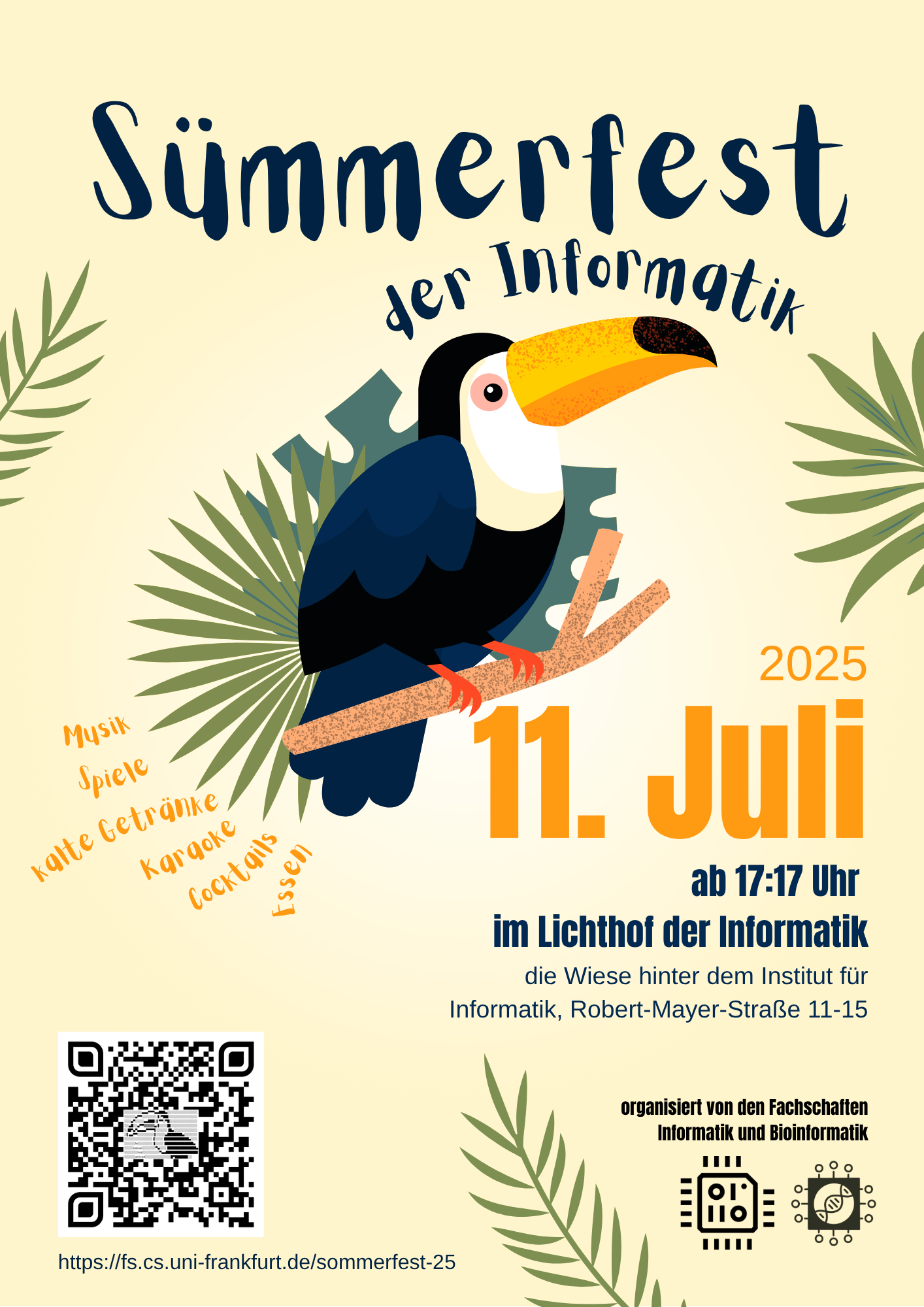 Plakat Sümmerfest [sic!] der Informatik.Motiv ein dunkler Tukan mit gelben Schnabel, der auf einem Ast sitzt.