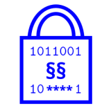 Logo Datenschutztertifikat: ein stilisierertes Bügelschloss-Symbol (blaue Unrisse) mit der Binärfolge 1011001, zwei Paragraphenzeichen und deri teilweise durch Sterne ersetzten Binärfolge 10****1 auf dem Bügelschloss.