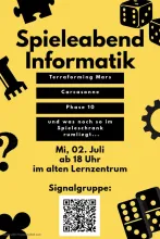 Plakat Spieleabend Informatik am 2.Juli 2026 ab 18 Uhr im alten Lernzentrum