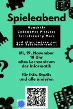 Spieleabend am Mittwoch, 19. November 2025 ab 18 Uhr im alten Lernzentrum Informatik. Für Info-Studis und alle anderen.