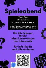 Plakat Spieleabend Informatik am 25.02.2025 im alten Lernzentrum ab 18 Uhr