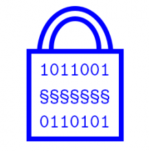 Logo: geschlossenes Bügelschloss mit Binärcode als Beschriftung