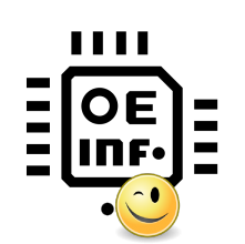 OE Logo 2024: ein stiliiserter quadratischer Mikrochip mit Text OE INF und einem zwinkerenden Smiley