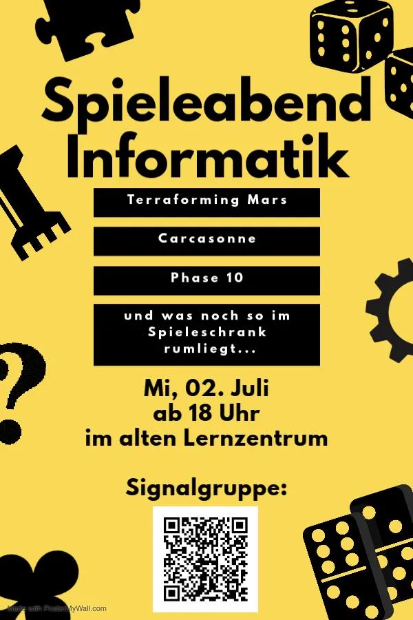 Plakat Spieleabend Informatik am 2.Juli 2026 ab 18 Uhr im alten Lernzentrum
