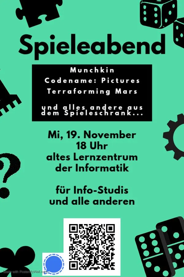 Spieleabend am Mittwoch, 19. November 2025 ab 18 Uhr im alten Lernzentrum Informatik. Für Info-Studis und alle anderen.