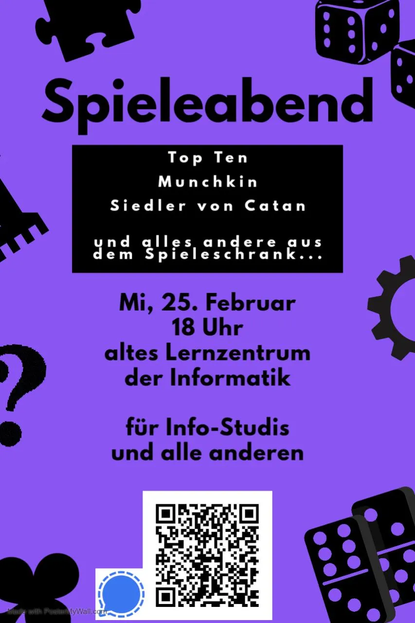 Plakat Spieleabend Informatik am 25.02.2025 im alten Lernzentrum ab 18 Uhr